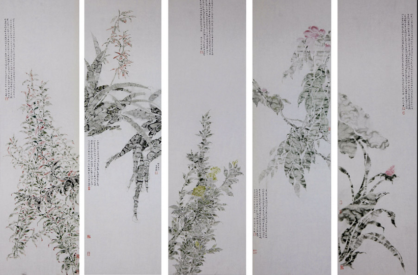 1-2007级美术学专业楚文君-中国画作品《叶颂五条屏》.png